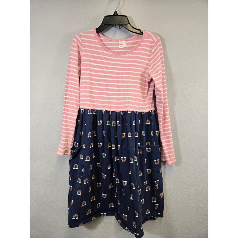 Hanna Andersson Rainbow Striped Pocket‎ Long Sleeve Play Dress Pink Navy Size 12